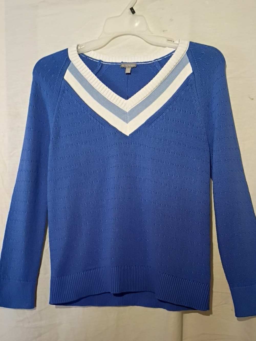 NWT Talbots Royal Blue V-Neck Cotton Knit Sweater with White & Light Blue Trim